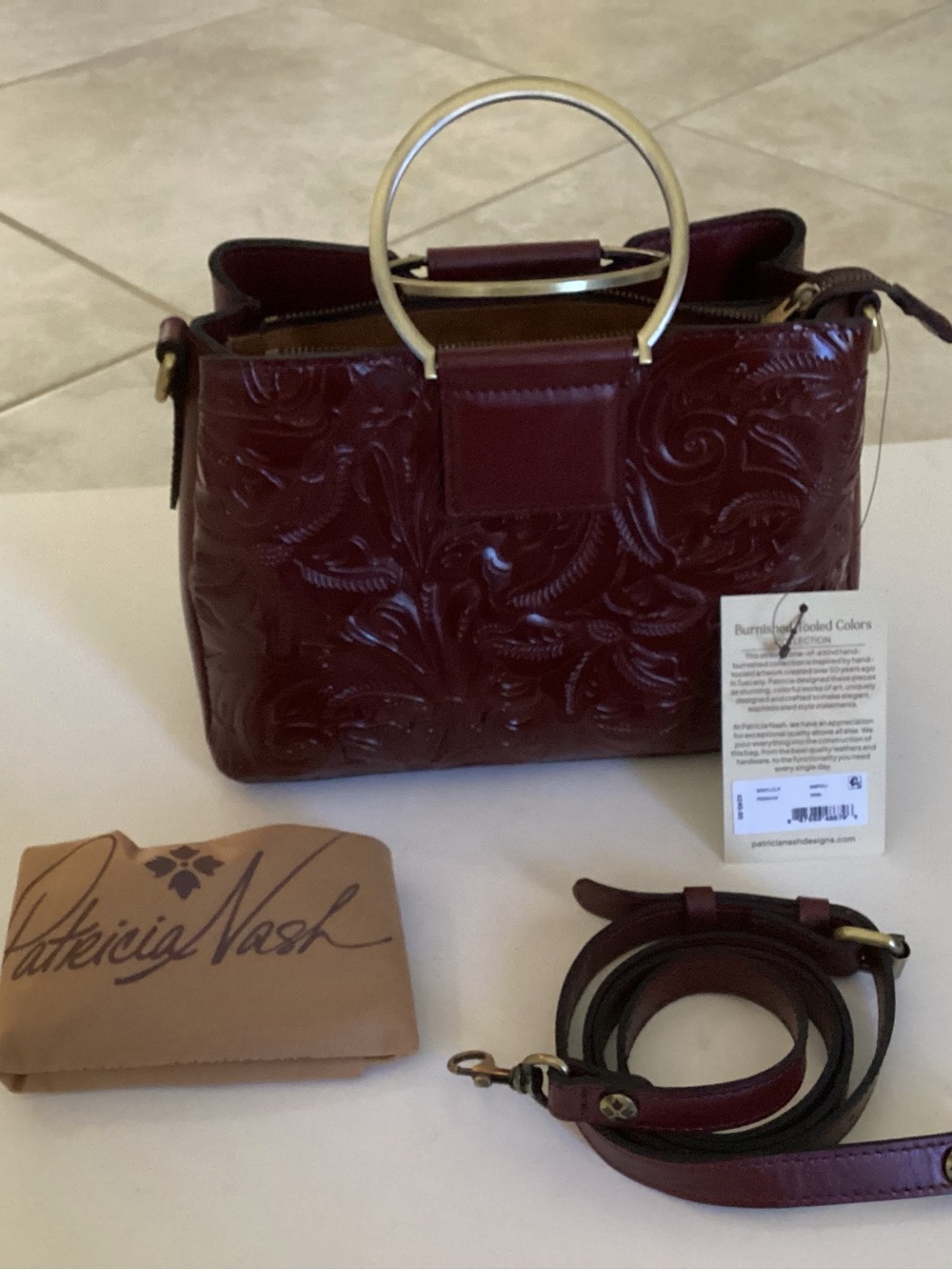 NWT Patricia Nash Burgundy Embossed Leather Satchel with Gold Ring Handles